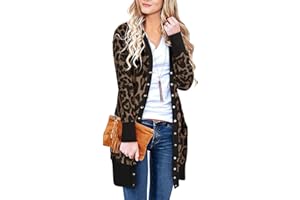 II ININ Damen Strickjacke Lang leicht Leoparden Pullover Strickjacken mit Taschen