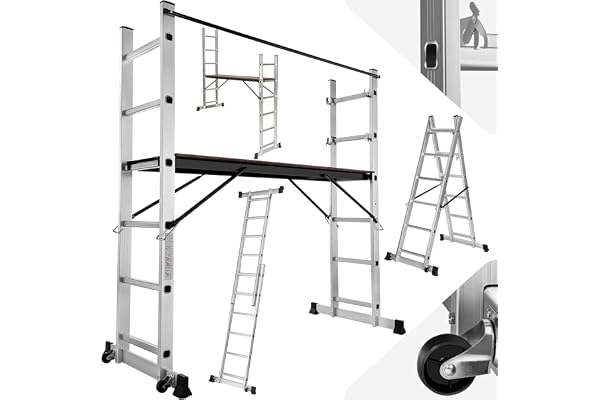 tectake® multiställning i aluminium, 4-i-1, med 2 hjul, stabil, halksäker | bärförmåga 150 kg, totalmått 160x70x109 cm, stegbredd 36 cm, höjd två delar 275 cm, stege, trappstege