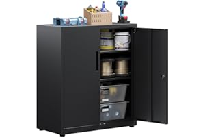 HOMSTEEL Aktenschrank, abschließbarer Garagenschrank, 3 Ebenen Büroschrank, Werkstattschrank mit verstellbaren Regalen, für Büro, Garage und Hauswirtschaftsraum, schwarz