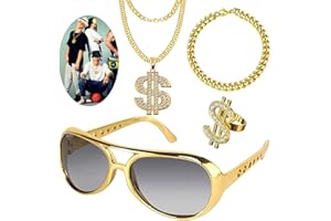 SOETDERT 4St Dollar Kette Hiphop Kostüm Set, 80er 90er Jahre Accessoires Retro Outfit, Herren Zuhälter Kostüm, Goldkette Dollar Ring Rapper Kostüm, Mottopartys Fasching Karneval Accessoires