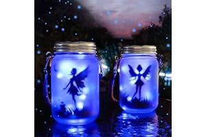 Mostof 2 Pack Fairy Solar Lantern Outdoor, Garden Ornaments IP44 Waterproof Hanging Frosted Glass Solar Mason Jar Lights for Table, Yard, Garden, Patio, Lawns (Blue)