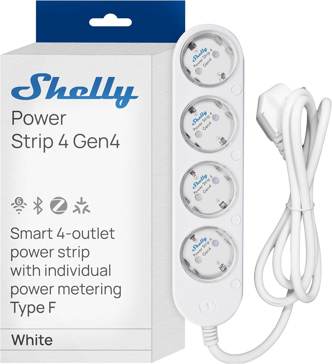 Shelly Power Strip 4 Gen4 Blanco – Regleta de enchufes Zigbee y Matter de 150 cm, Tipo F, con 4 Tomas de corriente (3680 W), Protección sobretensiones, Control por voz con Apple HomeKit, Alexa, Google