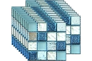 FBBULES 20PCS Autocollant Carreau, Auto-Adhésif Autocollant Fond D'écran Résistant à la Chaleur Étanche Dosseret pour Cuisine Salle de Bâton Mosaïque Bleu (10 x 10 cm / 4 x 4 Pouces)