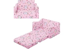 alldomess Convertible Sofa para Niños 2 en 1, Suave Cómoda Sofa Infantil para Niñas y Niños, Estable Silla Plegable Niño para Dormitorio Sala de Juegos,Rosa Unicornios Dulces