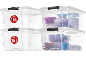 Iris Ohyama Scatole Portaoggetti in con Coperchio, 15L, Lotto di 4, Trasparente, Clip di Bloccaggio, Empilabile, Maniglia, Per Camera, Armadio, Ufficio, Organizzatore, Senza BPA, NTB-15