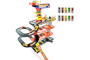 M MOLTO MOLTO | Parking de Juguete Downtown 4 Plantas + 10 Coches – Estación de Servicio, Elevador, Lavadero – Parking Infantil con Rampa de Alta Velocidad