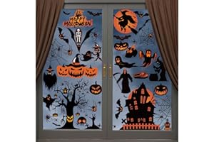 TRANDZY Halloween Decorations | 8 Sheet Halloween Window Stickers Clings Decals | 98 pcs Double Sided Reuseable Bats Spider Ghost Pumpkin Halloween Party |
