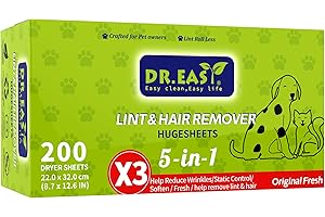 DR. EASY Dr.Easy LINT & HAIR REMOVER Pet HUGESHEETS avec 3X Feuilles de Séchage, Original Fresh, 200 Compte, FORMULE À BASE DE PLANTES ET DE MINÉRAUX