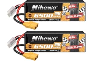 2Packs 4S Lipo Akku, Nihewo 14.8V RC Akku 6500mAh 90C Hard Case Lipo Akku XT90 Stecker Kompatibel mit 1/5 1/6 1/7 1/8 RC Auto LKW Fahrzeuge Truggy Buggy Modelle