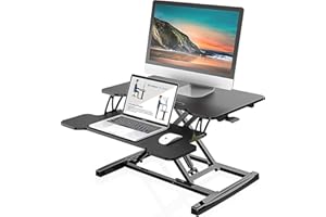 FITUEYES Standing Desk Converter 26''/64cm Convertidor de Escritorio de Pie para PC, Computadora Portátil Altura Ajustable con Bandeja de Teclado Profunda y Soporte para Teléfono (Negro)