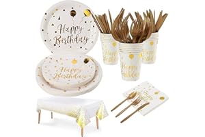 Maclunar 176 pcs Assiette Jetable Anniversaire,Blanches or Vaisselle Jetable Set Decoration Anniversaire,Assiette Gobelets Cuillère Fourchette Serviettes en Papier Décoration pour 25 Invités