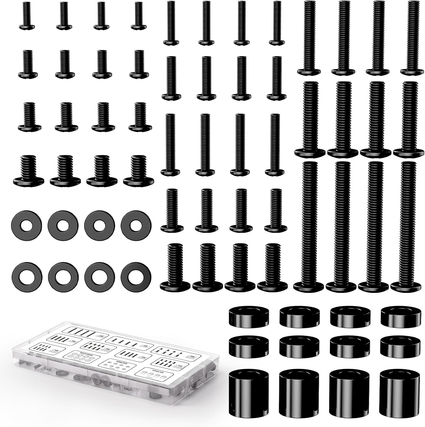 Universal TV Mounting Screw Kit fits Most up to 80'' Screens – M4 M5 M6 M8 Bolts with Washers & Spacers – Fits VESA Standard Wall Mount Brackets, Black
