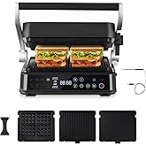 AMZCHEF 6-in-1 Health Grill & Griddle with 180° Adjustable Plates, GrillBoost (280°C) – Indoor Grill, 4 Non-Stick Plates for 