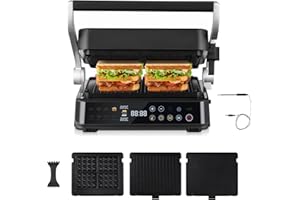 AMZCHEF 6-in-1 Health Grill & Griddle with 180° Adjustable Plates, GrillBoost (280°C) – Indoor Grill, 4 Non-Stick Plates for Steaks & More – 2000W, Dishwasher Safe