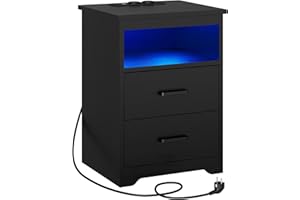 ‎KIMENICH KIMENICH Bedside Table with LED Lighting, Bedside Cabinet with Charging Station, USB Ports, 2 Drawers, Sofa Table, for Bedroom, Living Room (1, Black)