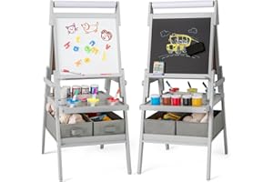 ‎COSTWAY COSTWAY 3-in-1 Children's Double-Sided Board with Paper Roll & Magnetic Chalkboard & Whiteboard, Includes 3 Paint Cups & 2 Boxes, Easel for Children Aged 3+ (Grey)