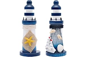 BLLREMIPSUR 2 Stück Holz Leuchtturm Modell Mini Leuchtturm Deko Maritime Dekoration Fee Garten Ornamente Hochzeit Tischdeko für Badezimmer Kinderzimmer Blumentopf
