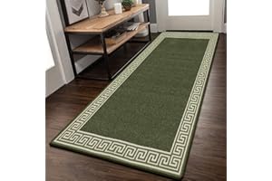 Rugs Shop Door Mats Indoor Non Slip Mat Carpet Runners for Hallways Geometrical Border Low Profile Washable Runner Rug for Kitchen, Front Door Hall Hallways Living Room (80 x 300 cm, Green Cream)