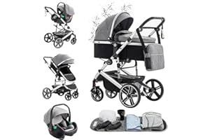 Kakbgee 3 in 1 Pushchair Travel System, Pram Travel System with ECE R129, Height Adjustable Handle Baby Pram, High View Aluminum Frame Baby Stroller for Newborn, Grey(22KG, 0-4Years)