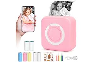 HERSANCE Mini Thermal Printer, Pocket Bluetooth Inkless Printers with 7 Rolls Printing Paper for Smartphone, C15 Portable Sticker Printing Gift for DIY Label Receipt Photo Notes Study Home Office (Pink)