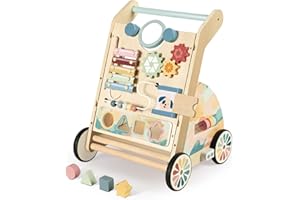 Bautia Baby Walker for 1 Year olds Boys Girls, Wooden Walker for Babies 12 Month Toys, Push Along Walker with Brakes & Detachable Activity Panel
