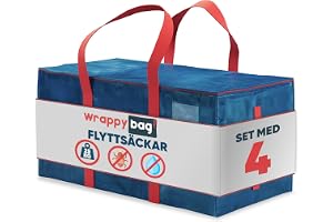 WRAPPYBAG Set med 4 Stora Förvaringsväskor – XXL-väskor för Flytt & Resa – Starka, Tjocka & Vattenavvisande – Med Förstärkta Handtag – För Kläder & Sängkläder – 75 x 36 x 38 cm