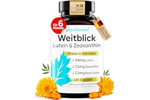 ‎PLANTOMOL Lutein Zeaxanthin Kapseln - Augenvitamine hochdosiert mit 44mg Lutein + 11mg Zeaxanthin + 11mg Beta Carotin - 6 Monatsvorrat Augen Kapseln - Weitblick