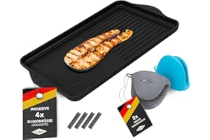 MAXXGOODS Plaque nervurée Eurolux en fonte - Pour induction - Moitié lisse - 43 x 28 x 2 cm - Surface en céramique - Sans APFO - Fabriqué en Allemagne.