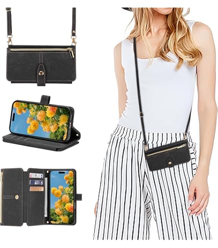 Saihamny IPhone 16 Pro Hülle Mit Kartenfach - Leder Etui Mit Halskette