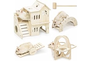 Reyshin 4 Stück Hamster Spielzeug aus Holz, Hamster Versteck Haus DIY Brücke Wippe Käfig Dekor Zubehör Hamster Spielplatz für Rennmäuse Ratten und Zwerghamster