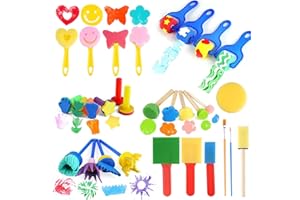 JORTMRD Lot de 30 pinceaux éponges pour enfants – Outils de peinture avec tampons, rouleaux et formes assorties | Éducation précoce et développement de la créativité, loisirs créatifs, peinture en céramique