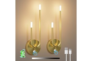Aipsun Bezprzewodowa lampa ścienna LED, 2 sztuki, złota, z akumulatorem, dotykowa 3000 K, nowoczesna lampa ścienna do sypialni, salonu, korytarza, klatki schodowej