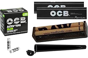 yaoviz® Set RAW konische Drehmaschine 110mm - 50x OCB 7mm Slim Aktivkohlefilter - 2 OCB KS black Slim Papers - yaoviz Jointhülle schwarz glänzend 120mm.