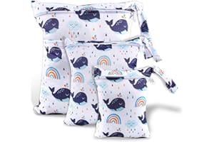 EKKONG Wetbag, 3 pezzi Wet Bag Borsa, Wetbag Pannolini Riutilizzabile, Borsa per Pannolini Lavabili Riutilizzabile, Sacchetto del Pannolino Lavabile con Zip Impermeabile Organizzatore (Balene)