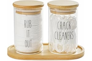 FEILANDUO Qtip Holder Dispenser with Bamboo Lids, Glass Apothecary Jar for Cotton Ball, Swab, Pads, Floss, Farmhouse Bathroom Canisters Accessories with Tray Makeup Organizer-10 OZ