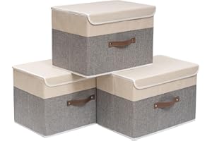 OUTBROS Boîte de Rangement, 45 x 30 x 30 cm Paniers de Rangement Pliables avec Couvercles et Poignées, Boîte Range pour Vêtement, Magazine pour, Chambre à Coucher (3 pièces, Gris/Beige)