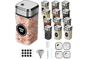 FRIBERG 12 Pot a Epices,120 Ml,Pots à épices Carrés en Verre,Couvercle Rotatif, 3 Modes de Sortie, Avec Entonnoir, Autocollant, Stylo et Brosse de Nettoyage