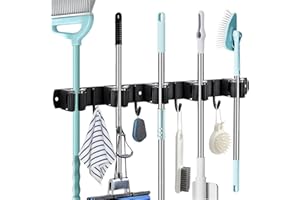 DYDHRER Colgador Escobas y Fregonas, Soporte Escobas Pared de Acero Inoxidable, Colgador Escoba con 5 Posiciones y 4 Ganchos, Cuelga Escobas Pared para Cocinas, Baños, Garajes y Jardines (Negro)