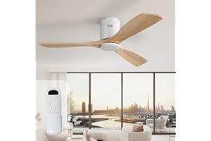 Sofucor Ventilateur de Plafond avec Télécommande, 132 cm, Bois Massif, 3 Pales, Télécommande, 6 Vitesses, Moteur DC Silencieux, Minuterie pour Chambre