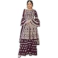 Miss Ethnik Women's Beige Net Semi Stitched Top With Stitched Net Bottom and Net Dupatta Embroidered Flared Top Dress Material (Kurta Palazzo Set) (D-1027)_Free Size