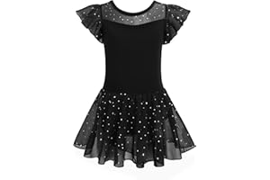 Arshiner Robe de Ballet en Maille Scintillante pour Filles Tenue de Ballet à Manches Courtes à Volants Justaucorps de Danse de Gymnastique avec Jupe en Mousseline