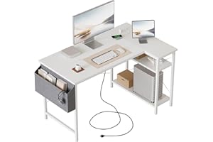 Mericonia Small L Shaped Desk with Power Outlets,100 cm L Computer Corner Desks with Reversible Shelves, Gaming Desk, Study Writing Table for Home Office, White
