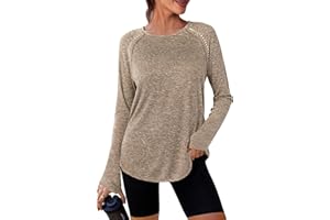 Crewhpo Tee Shirt Sport Femme Sechage Rapide T Shirt Yoga Col Rond UPF 50+ Haut de Course à Manches Longues Anti UV Top Running avec Trous pour Les Pouces S-XXL