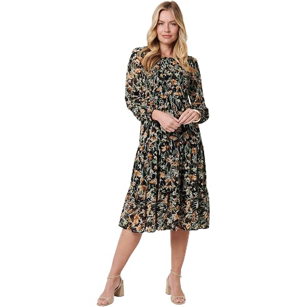 Izabel London Leaf Print Empire Waist Midi Dress for Women UK with v-Neck,  Short Angel Sleeves and midi Hem. Blue : Amazon.co.uk: Fashion
