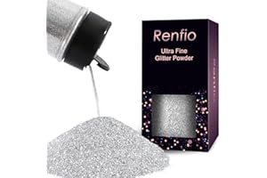 Renfio Poudre de paillettes ultra fines en résine métallique de 50 g, flocons d'époxy, paillettes de 0,2 mm, pour gobelets, slime, décoration – argenté