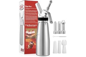 HIXAVA 500ml Sifón de Cocina Profesional Aluminio, 3 Boquillas de Acero Inoxidable, 3 Boquillas de Plástico, y 1 Cepillo, Dispensador de Crema Batida para Decorar Helados y Postres, Pasteles