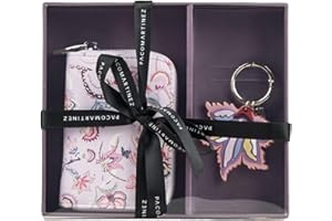 PACO MARTINEZ Set de Regalo para Mujer, Caja Regalo con Cartera Billetero para Mujer con Estampado Flores en Tonos Lilas y Llavero a Juego, Idea de Regalo de Cumpleaños, Aniversario o Navidad