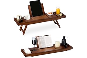 Navaris bambusowa wysuwana półka na wannę, taca śniadaniowa, półka na książki, uchwyt na kieliszki do wina, taca do wanny i łóżka, drewno w kolorze ciemnego brązu