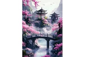 QENSPE Peinture Diamant Architecture Chinoise, Paysage Diamond Painting Kit, Bricolage Diamond Art Broderie Kit Complet, Crystal Point de Croix Artisanat Maison Murale Decor 30x40 cm