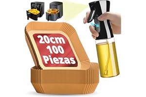 UONEL INDUSTRY Papel freidora aire Cuadrado 100Pc (+ Pulverizador aceite spray cocina) - Complementos Cosori 20 cm - Moldes desechables air fryer - Ahorro de agua y tiempo